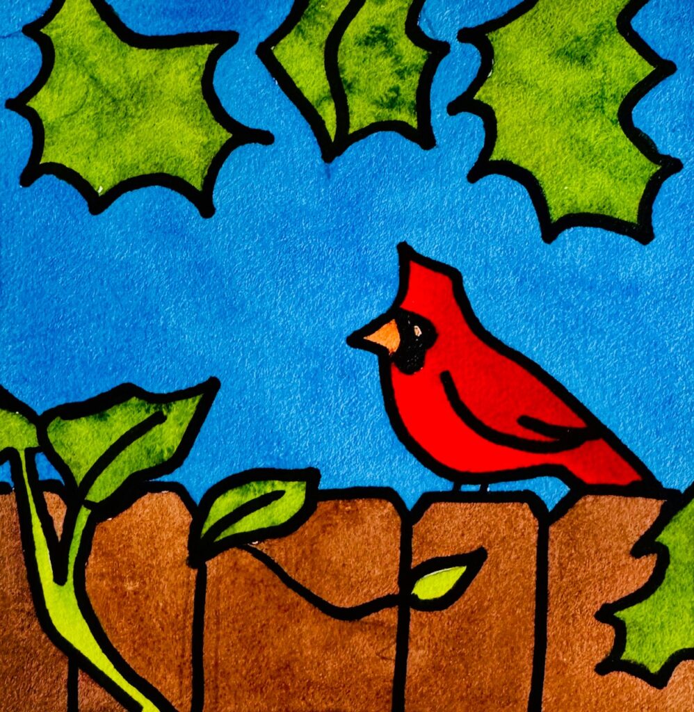 Cardinal on Fence - Stylized - FINAL painting